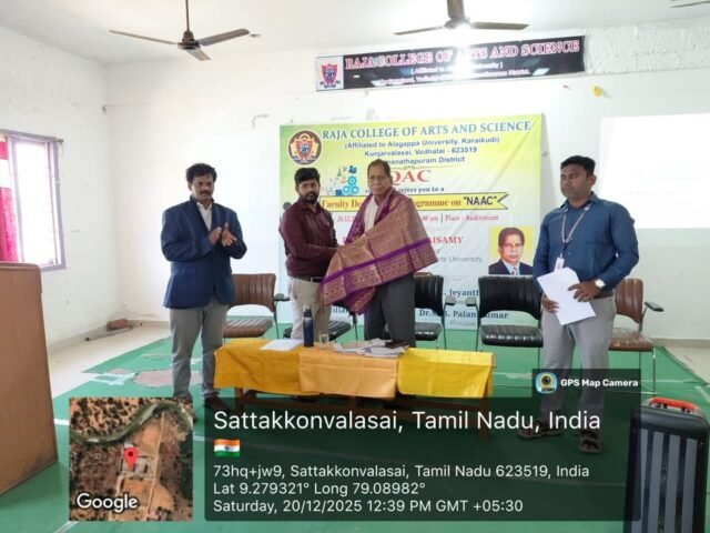 The Internal Quality Assurance Cell (IQAC) of Raja College of Arts and Science organized a Faculty Development Programme (FDP) on "NAAC".
Dr. R. Thillai Rajkumar, Secretary, welcomed the Chief Guest, Dr. Thirumalaisamy, by presenting a bouquet.
The welcome Address was delivered by              Dr. M. B. Palanikumar, Principal,
Dr. R. Thirumalaisamy, Former Vice-Chancellor, Tamil Nadu Physical Education and Sports University, Chennai, delivered an informative and inspiring session on NAAC.
Head of all departments and Faculty members from various departments actively participated in the programme. The session was interactive, and participants gained a better understanding of quality assurance and accreditation procedures.
The Vote of Thanks was delivered by Dr. R. D. Nelson Daniel coordinator IQAC.
