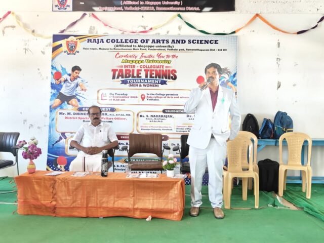 Our College has conducted Alagappa University Inter Collegiate Table Tennis Tournament on today. Our College Chairman Sevaratna Dr  T Raja inaugurated the event in the Presence of Secretary Dr R Thillai Rajkumar. DSO Mr.M Dinesh Kumar as the Chief guest and Validictory Function held by Dr S Nagarajan and Convenor Dr S Jayavel from Alagappa University. 10 College Team students participated. Felicitated by Principal Dr M B Palanikumar. Physical Director Mr. Mari arranged the Tournament Successfully💐
